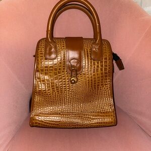 Brown Crocodile-Embossed Leather Satchel with Gold Hardware